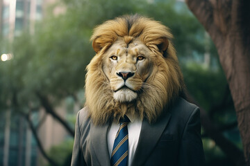 A majestic lion in a tailored suit, exuding regal authority and leadership prowess as the CEO of the corporate jungle.