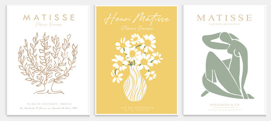 Contains Abstract Art Set in Matisse style, Decorative Modern Art, Vector illustration poster. Collection for trendy floral decoration.