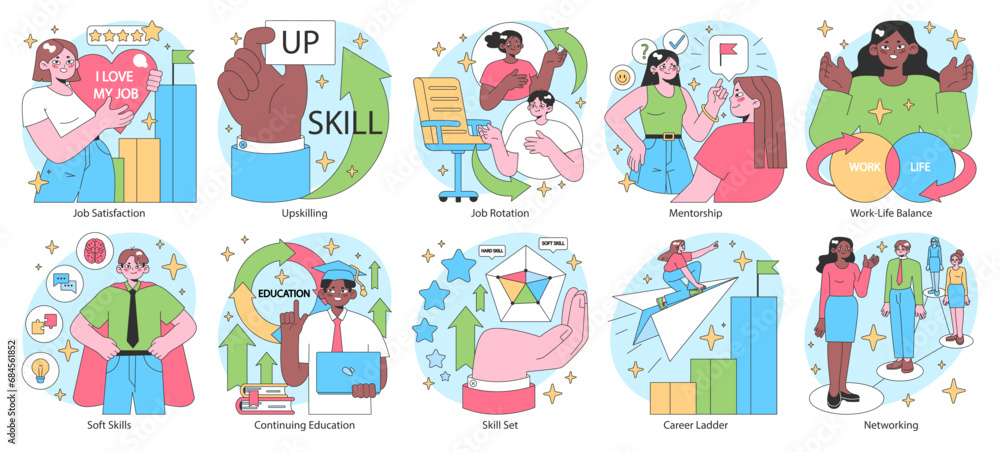 Poster professional growth set. pathways and strategies for career advancement. diverse business characters