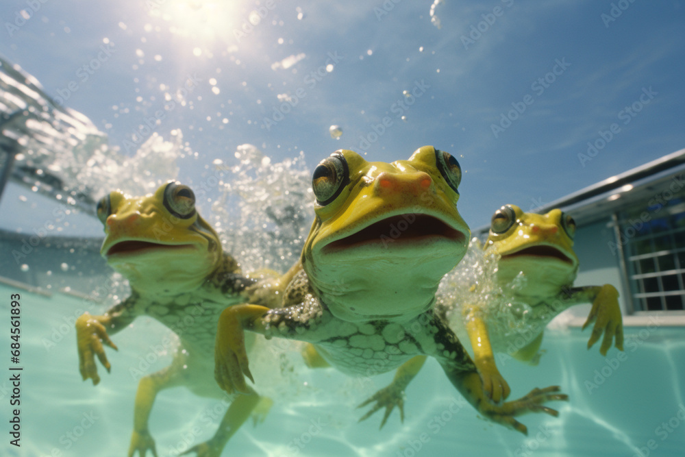 Poster frogs engaging in freestyle swimming and playful antics, creating a comical underwater spectacle.