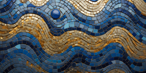 Mosaic Texture With Blue And Gold Elements Created Using Artificial Intelligence