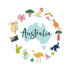 Colorful composition, circle design with famous symbols, animals of Australia.