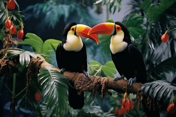 Obraz premium Toucans engaged in a comical tropical tango, showcasing their vibrant plumage and rhythmic dance moves.