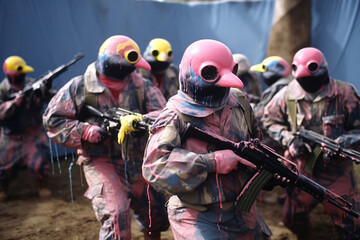 Penguins participating in a paintball game, creating a comical and colorful scene of playful competition.