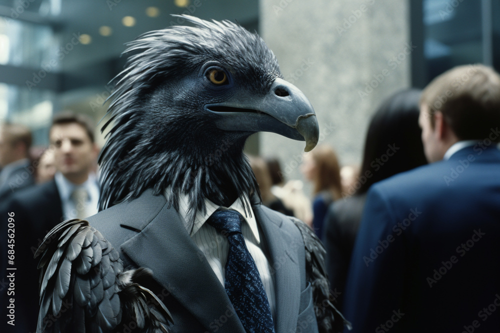 Poster a microraptor engaged in networking activities, showcasing the importance of building professional c