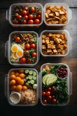 Top view of healthy food in containers. A lot of vegetables tomatoes, avocados, cucumbers, eggs, meat, herbs, nuts, dishes on the table. Delivery of balanced nutrition.