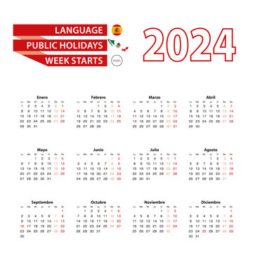 Calendar 2024 in Spanish language with public holidays the country of Mexico in year 2024.