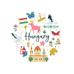 Colorful composition, circle design with famous symbols, animals of Hungary