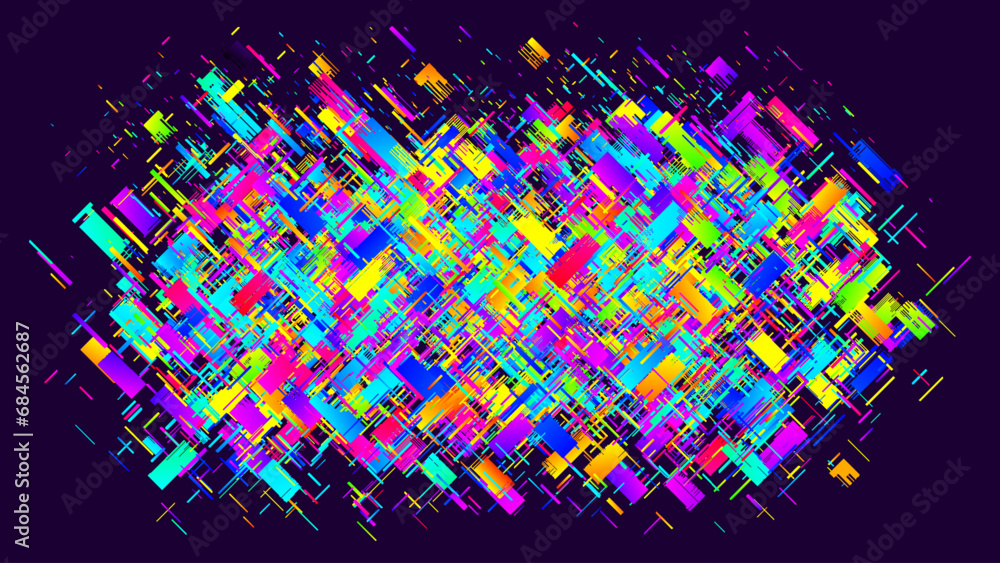 Poster colorful banner with complex and intricate rectangular diagonal chaotic layered shapes. glitch art m