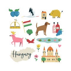 Fototapeta premium Colorful composition, design with famous symbols, animals of Hungary
