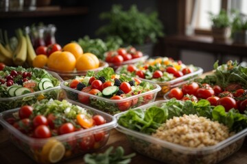 Close-up of healthy food in containers. A lot of vegetables, fruits, berries, herbs, dishes on the...