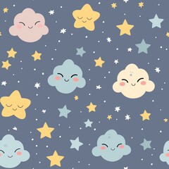 Pastel Clouds and Stars Nursery Pattern on Dotted Grey Background

