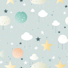 Pastel Clouds and Stars Nursery Pattern on Dotted Grey Background

