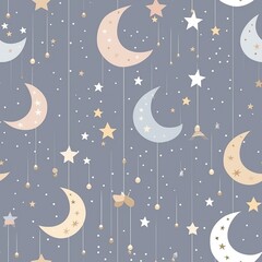 Naklejka premium Pastel Clouds and Stars Nursery Pattern on Dotted Grey Background