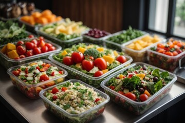 Close-up of healthy vegetarian food in containers. A lot of vegetables, fruits, herbs, dishes on the table. Delivering a balanced nutrition concept.