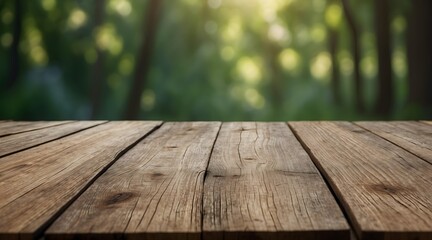 Empty old wooden table with green nature background - obrazy, fototapety, plakaty