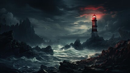 Lighthouse on Rocky Coastline at Night - obrazy, fototapety, plakaty