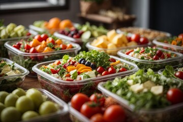 Close-up of healthy vegetarian food in containers. A lot of vegetables, fruits, herbs, dishes on...