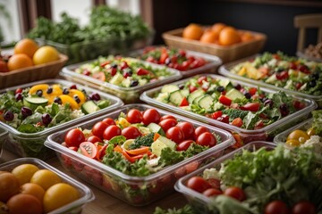 Close-up of healthy food in containers. A lot of vegetables, fruits, berries, herbs, dishes on the table. Delivery of balanced nutrition concept, sale of ready-to-eat concept. - obrazy, fototapety, plakaty