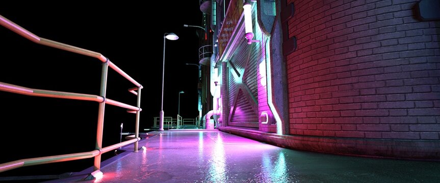 Night cyberpunk city street. Futuristic cityscape. City of a future with bright neon lights. Grunge urban wallpaper. 3D illustration.