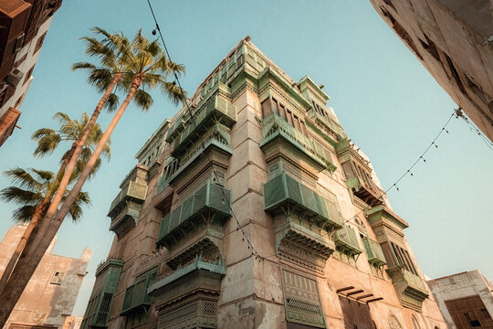 Traditional architecture of old Jeddah town El Balad district houses with wooden windows and balconies Unesco Heritage site in Jeddah Saudi Arabia