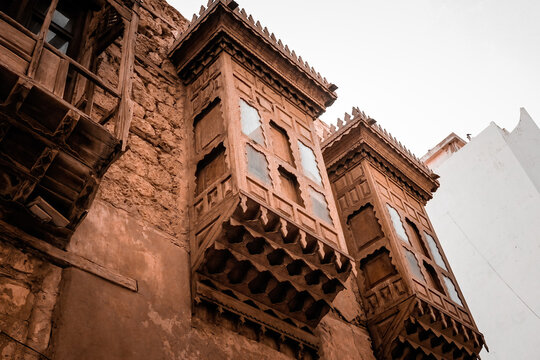 Traditional architecture of old Jeddah town El Balad district houses with wooden windows and balconies Unesco Heritage site in Jeddah Saudi Arabia
