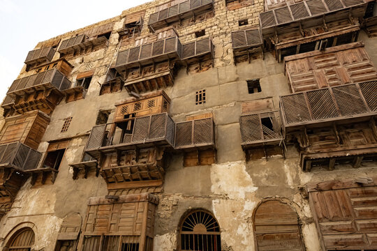 Traditional architecture of old Jeddah town El Balad district houses with wooden windows and balconies Unesco Heritage site in Jeddah Saudi Arabia
