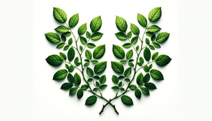 Stems of rose leaves arranged diagonally across a white background, deep green with visible textures and natural patterns.
