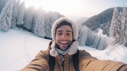 Fototapeta na wymiar Young man taking a selfie in a snowy mountain landscape, wearing winter clothes a beige coat with a fur hood