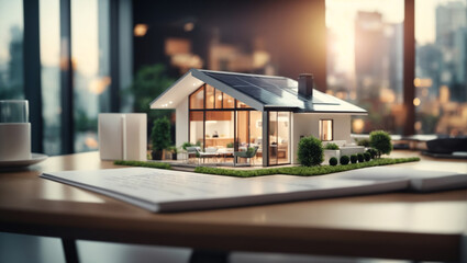 model of a small living house on a table in a real estate agency,New home, business, investment and real estate concept,blurry background. ai generative