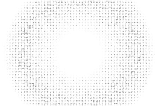 Gray digital data matrix of binary code numbers isolated on a white background with space for text in the center. Technology, coding, or big data concept. Vector illustration