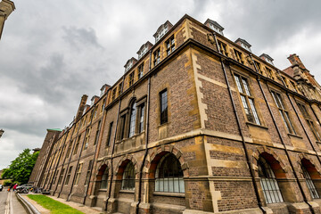 Cambridge, England, UK. Walking the scenery streets of this famous British academic city in a moody cloudy spring day