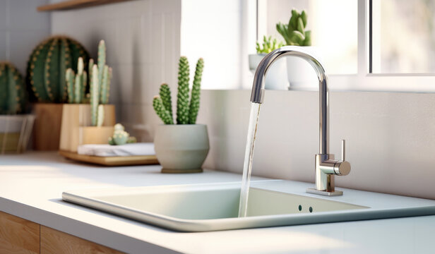 Kitchen sink with water running from the tap , large window, natural sunbeam and several cacti in pots on the counter. High quality photo