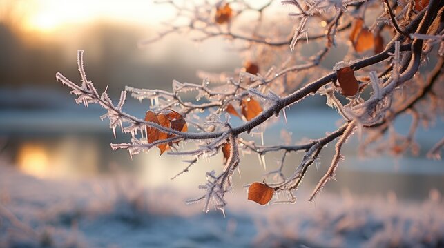 Frosty Maple Tree Branch in Orchard