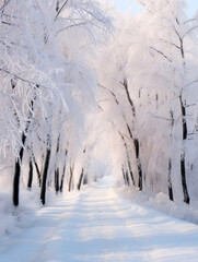 Snowy walkway lined with frost-covered trees creating a picturesque winter scene. High quality photo