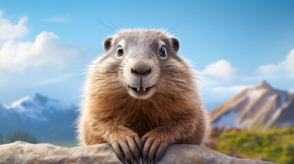 A cute fluffy marmot crawled out of its hole among the mountains and rocks on a sunny spring day.