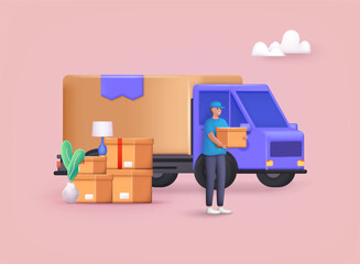 Delivery man and track. Online delivery service concept, online order tracking, delivery home and office. Moving truck and cardboard boxes. Moving House. Transport company. 3D web Vector Illustrations