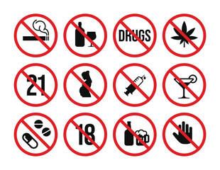 Prohibition drugs and alcohol symbol set vector. No drugs and alcohol sign symbol set vector