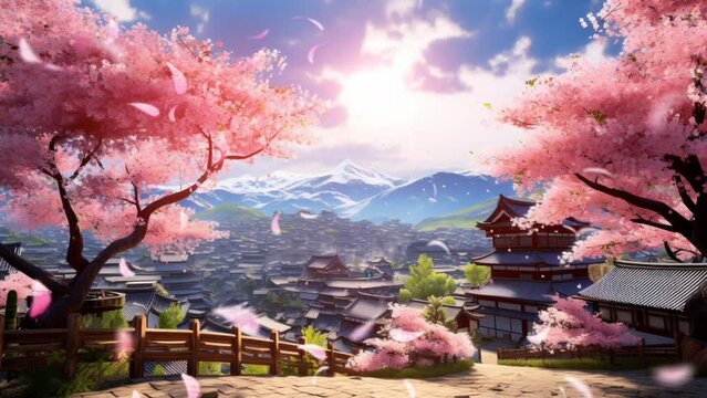 Cherry blossom tree in spring, anime or cartoon illustration style. smooth looping video background animation. Generated with AI