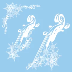 Fotobehang winter season frame made of snowflakes and violin vector silhouette design © Cattallina