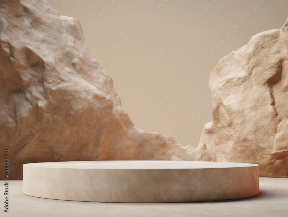 Poster Empty round marble platform centered between rugged rocks with beige background. High quality photo