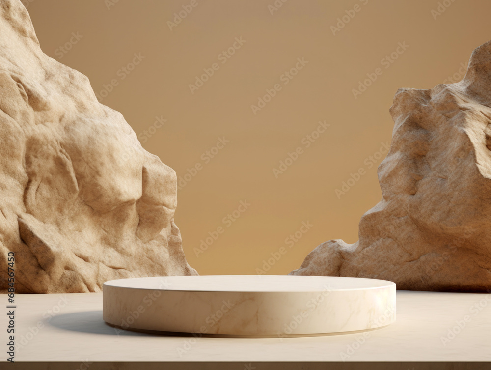 Poster empty round marble pedestal on the table, centered between two rugged rocks with beige background. h