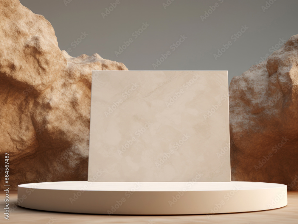Poster empty round marble podium with square backdrop and centered between rugged rocks with beige backgrou