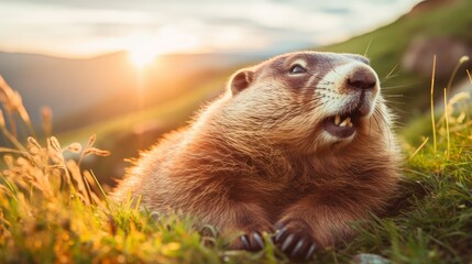 A cute fluffy marmot crawled out of its hole among meadow grasses and flowers on a sunny spring day.