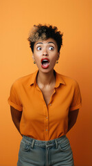 Fototapeta na wymiar Shocked young woman in orange dress with open mouth
