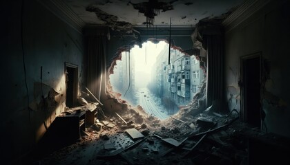 Aftermath of a bombing in a room with a gaping, smoldering hole in the wall, exposing an urban landscape filled with destruction.
 - obrazy, fototapety, plakaty