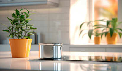 Fototapeta na wymiar Interior of a modern kitchen with a pot on the stove and a green plant with sunshine from window background. High quality photo