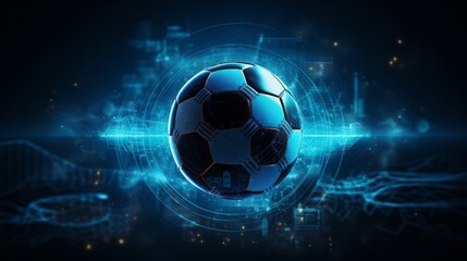 dynamic soccer ball on futuristic blue background - sports and technology concept - obrazy, fototapety, plakaty