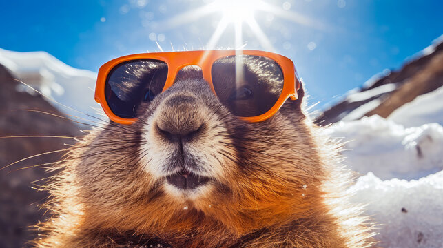 A cute, fluffy marmot crawled out of his hole wearing sunglasses among the white snow on a sunny day.
