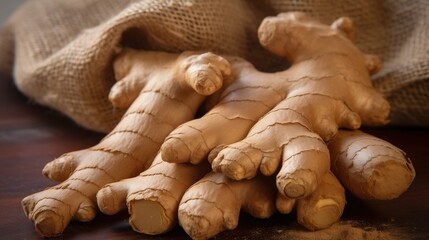 Fototapeta premium Close-up stock image of a vibrant, knobby ginger root with intricate details, fine lines, and wrinkles. The pale yellowish-brown skin and earthy tones highlight its natural form